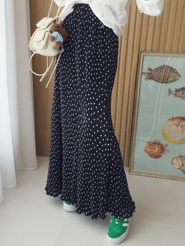 Vintage High Waist Polka Dot Halter Skirt Women's Summer New Style Color Block Bodycon Fish Tail Long Skirt Age Reduction