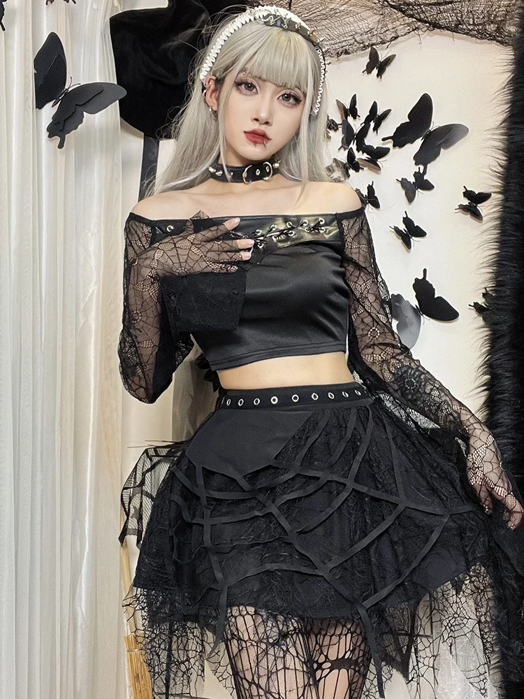 Jupe gothique k en dentelle lourde, ourlet asymétrique, Costume d'halloween pour femmes, taille haute, jupe trapèze en Fiber de Polyester