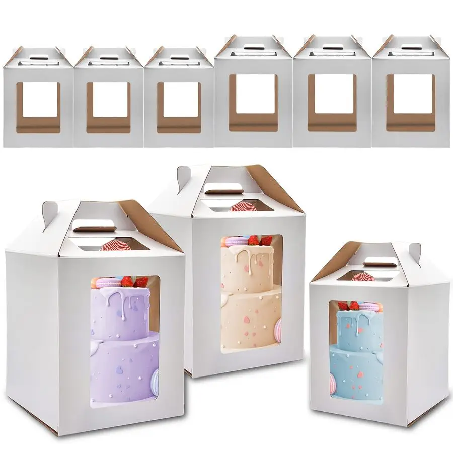 

Tall Cake Boxes 6pcs 14x14x16 and 16x16x18 Inches White With Window for Tier Cakes, Wedding, Birthday Transport Large With Handl