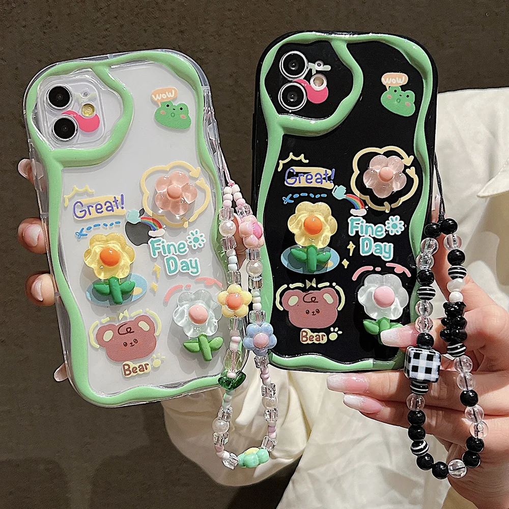 Luxury Lanyard Case For iPhone 15 Pro Max 11 13 14 12 XR 7 8 Plus X Xs SE 2020  Silicon Soft TPU Flower Wavy Creamy Funda Covers