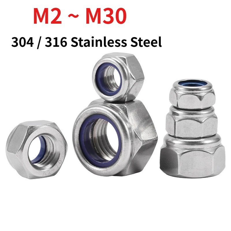 304 316 Stainless Steel Nylon Insert Lock Nut DIN985 Hex Self‑locking Anti‑Vibration Locknut M2 M3 M4 M5 M6 M8 M10 M12 M14-M30