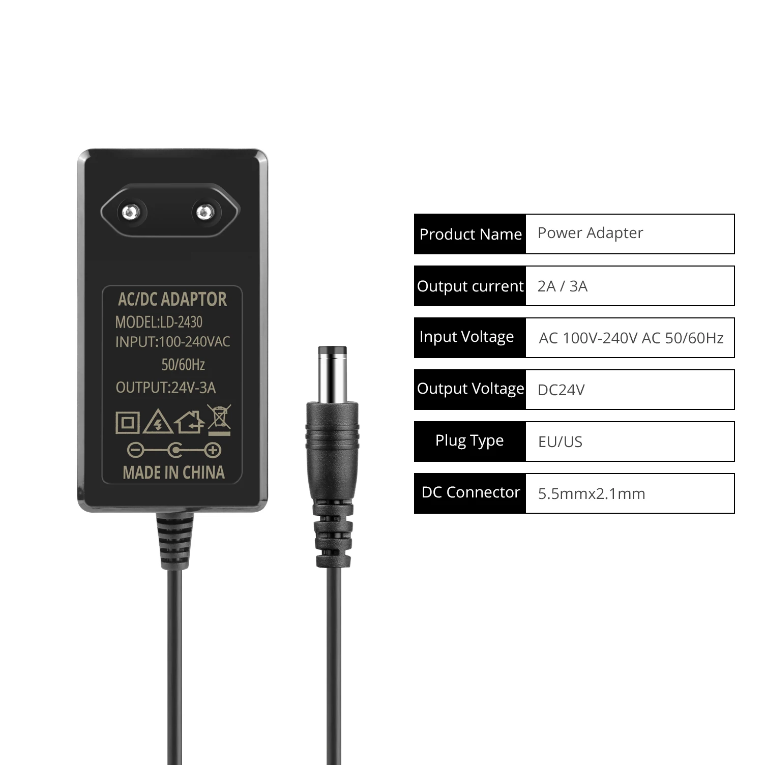 Transformador de luz de fuente de alimentación conmutada 2A 3A AC110V 220V a DC 24V adaptador de fuente de alimentación enchufe UE/EE. UU. para tira