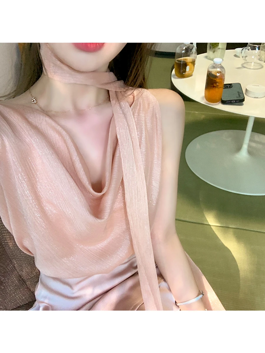 

ByYou Summer High-End Pearl Pink Svel Gauze Women's irt Loose ort Sle Korean Version Commute Sle Pure Color