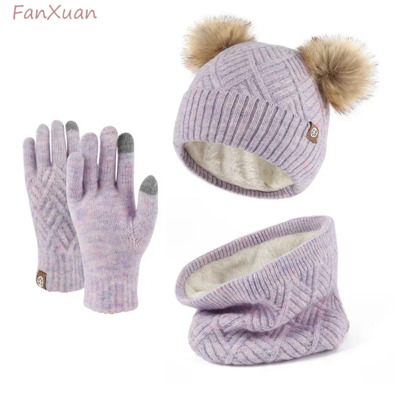 

Set 3pcs Children Winter Beanies Scarf Gloves Cute Fur Pompoms Fleece Lining Boys Girls Kids Winter Warm Set Junior 5-12Years