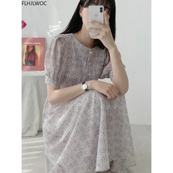 Vintage Printed Dresses Women Fashion Summer Short Sleeve Slim Waist A Line Preppy Style Girls Korean Style Clothes Design Dress
