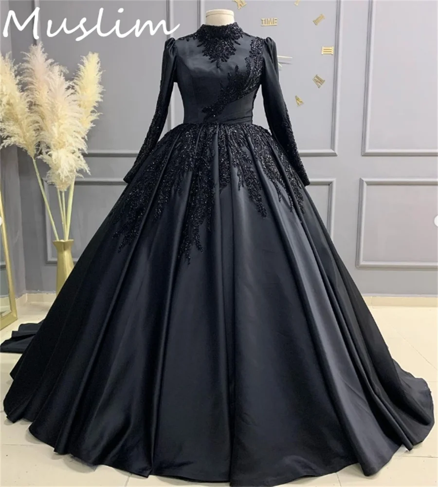 Luxo Preto Vestidos De Casamento Muçulmano, Elegante Manga Longa, Vestido De Noiva Gótico, Renda Frisada, Linha A, Vestido De Noiva Da Igreja, Romântico, 2025