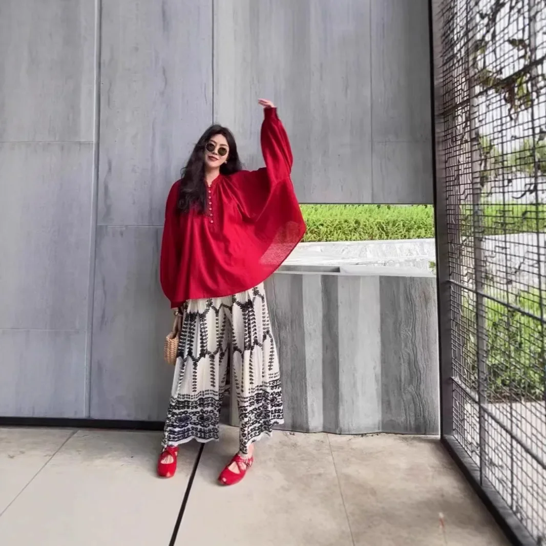 مياكي مطوي السراويل واسعة الساق للنساء نمط العرقية المألوف ومتعدد الاستخدامات المطبوعة عالية الخصر تدلى سراويل تقليدية