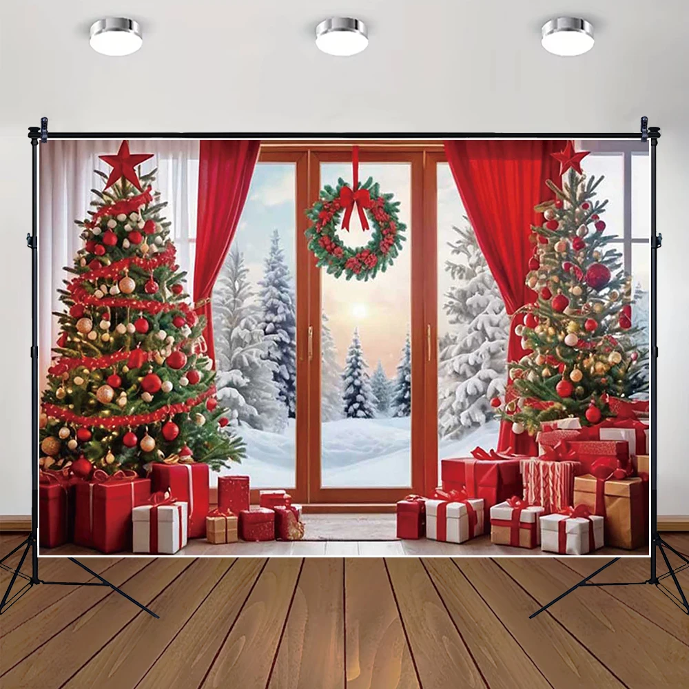 

MOON.QG Red Curtains Gifts Window Door Christmas Trees Background Backdrop Child Photo Studio Photozone Photo Booth Photography