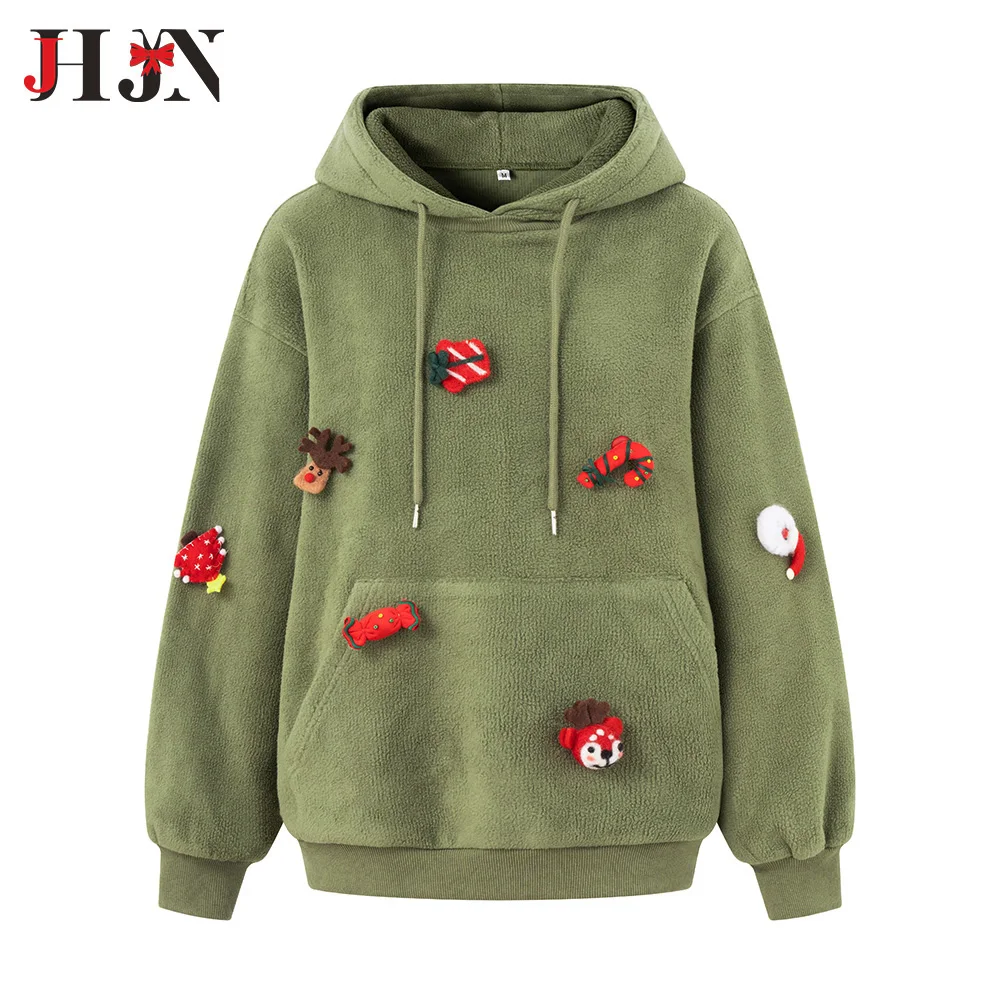 JHJN Autumn Hoodies For Women Green Outerwear Christmas Doll Sweatshirt Loose Long Sleeves Pullovers 2025 Fashion Casual Coat