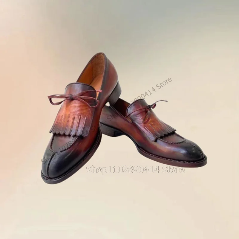 Brown Tassels Bow Knot Decor Sewing Design Loafers Fashion Slip On Men Shoes Luxury Handmade Party Feast Office Men Dress Shoes