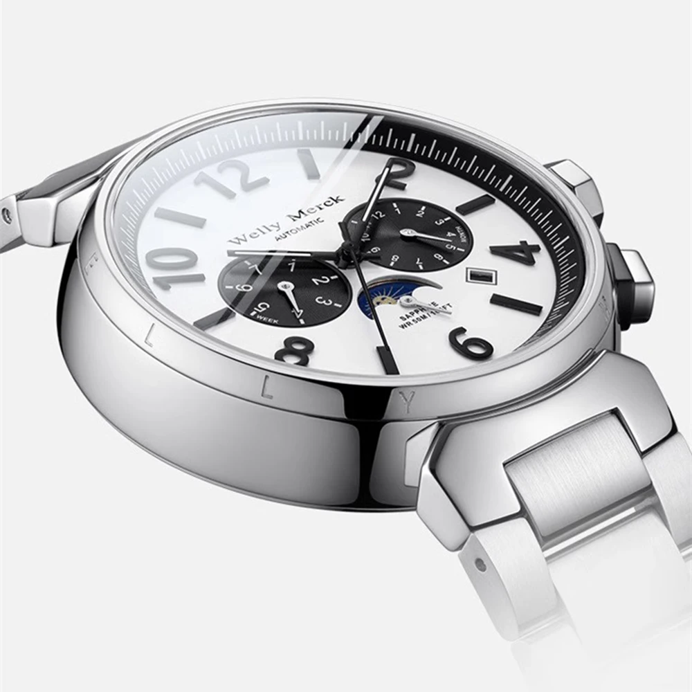 Luxury Automatic Watch Men Moon Phase Watches Fashion 44mm Business Mechanical Wristwatches Luminous Clock Top Brand Welly Merck