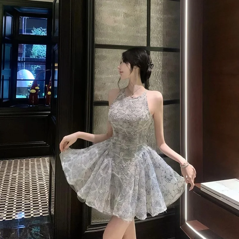 

Нежное кружевное платье с цветочной вышивкой для вечеринок, с завышенной талией, из трикотажного хлопка, в стиле юбки-торта, без рукавов, для танцев, подходит для молодежи