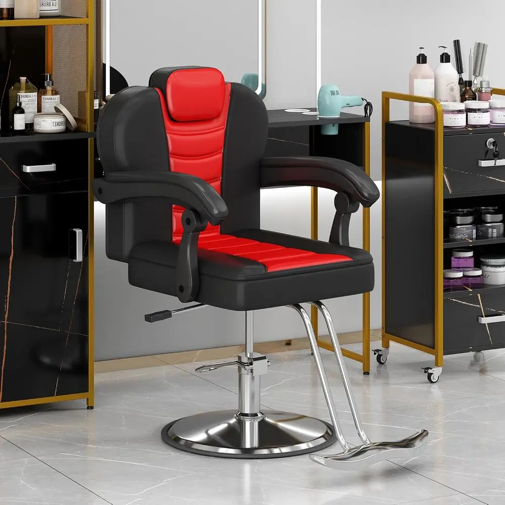 Heavy Duty Hydraulic Pump Reclining Barber Chair with 360° Swivel, Tattoo Shampoo Station, Red and Black