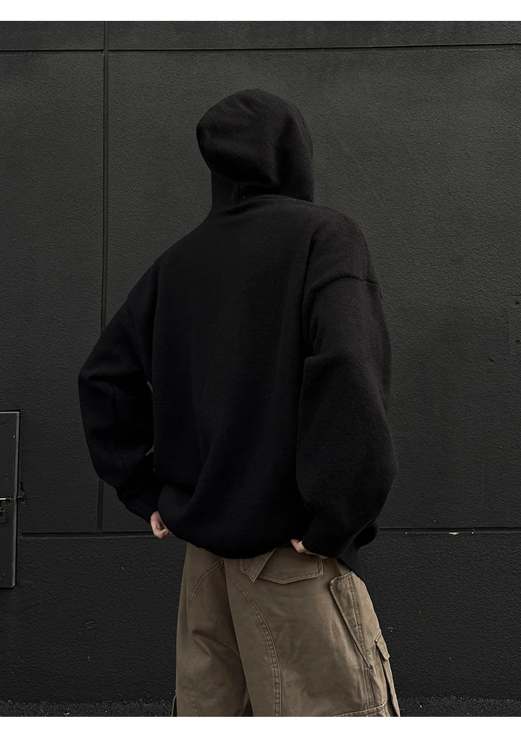 2025 Spring and Autumn Men's Gray Apricot Half Cardigan Knitted Sweater Men's Trendy Loose Casual Red Black Hooded Sweater