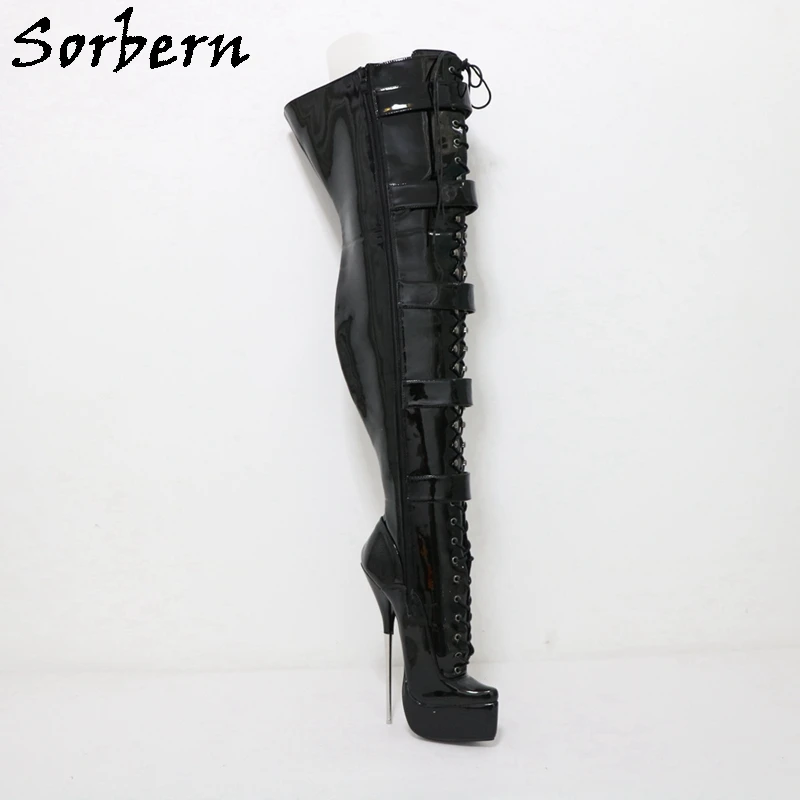 Sorbern Lockable Straps Ballet Boots Crotch High 8 Inch Metal Heeled Platform Long Boot Lace Up Fetish Drag Queen Shoe Custom