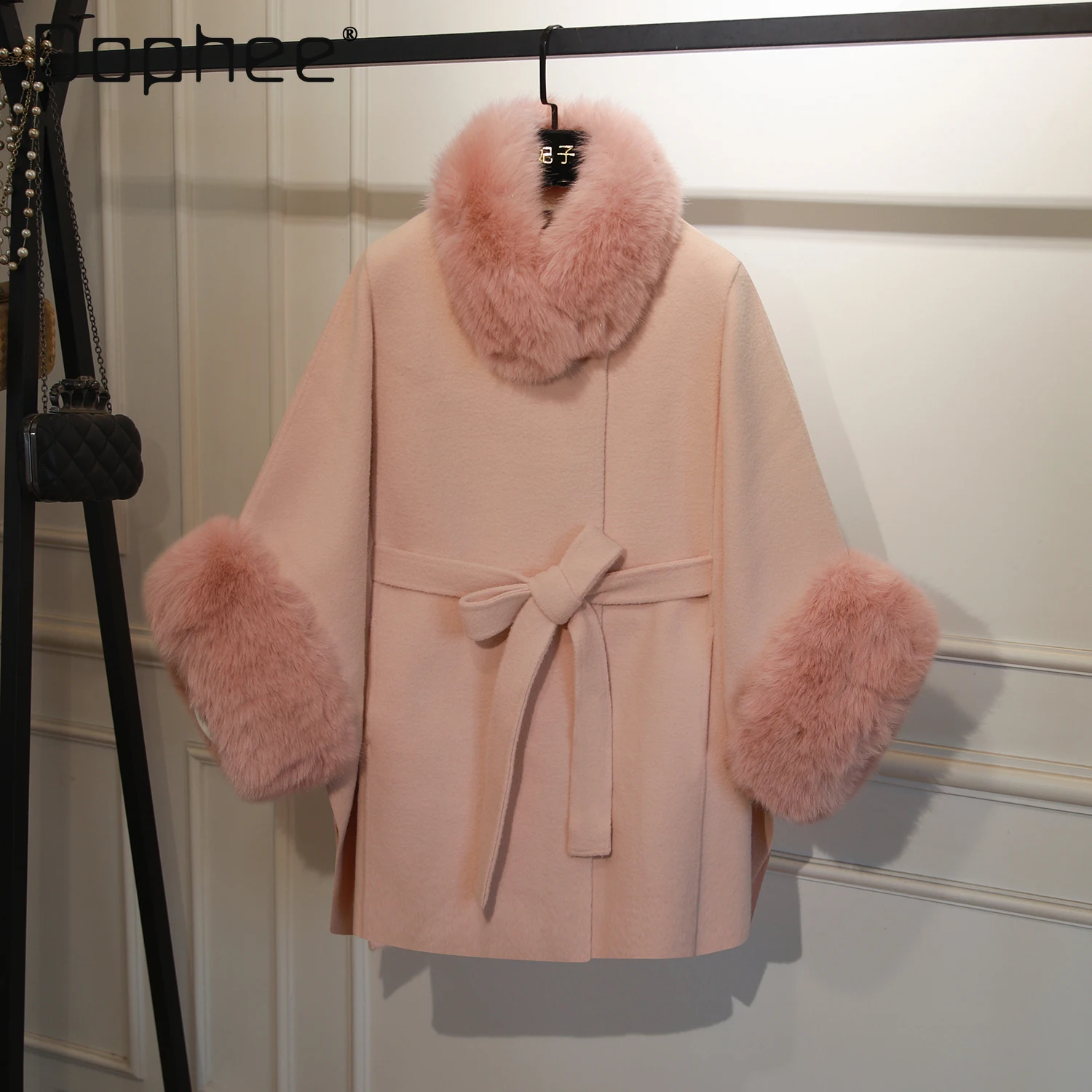 

Fur Collar Cape Wool Coat Shawl High-End Elegant Socialite Woolen Shawl for Women Office Lady Bow Belt Slim Loose Short Coats