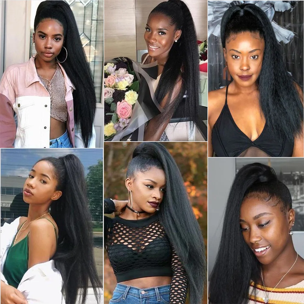 100g Kinky Straight Human Hair Wrap Around Ponytail Remy Hair Extensions Brazilian Hair Pieces Natural Color For Women
