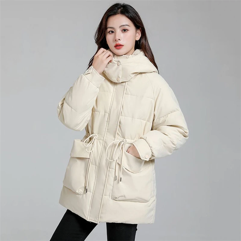 Giacca invernale in cotone medio-lungo donna 2023 nuovo cappotto con cappuccio colletto rialzato moda capispalla allentata addensare Parka soprabito femminile