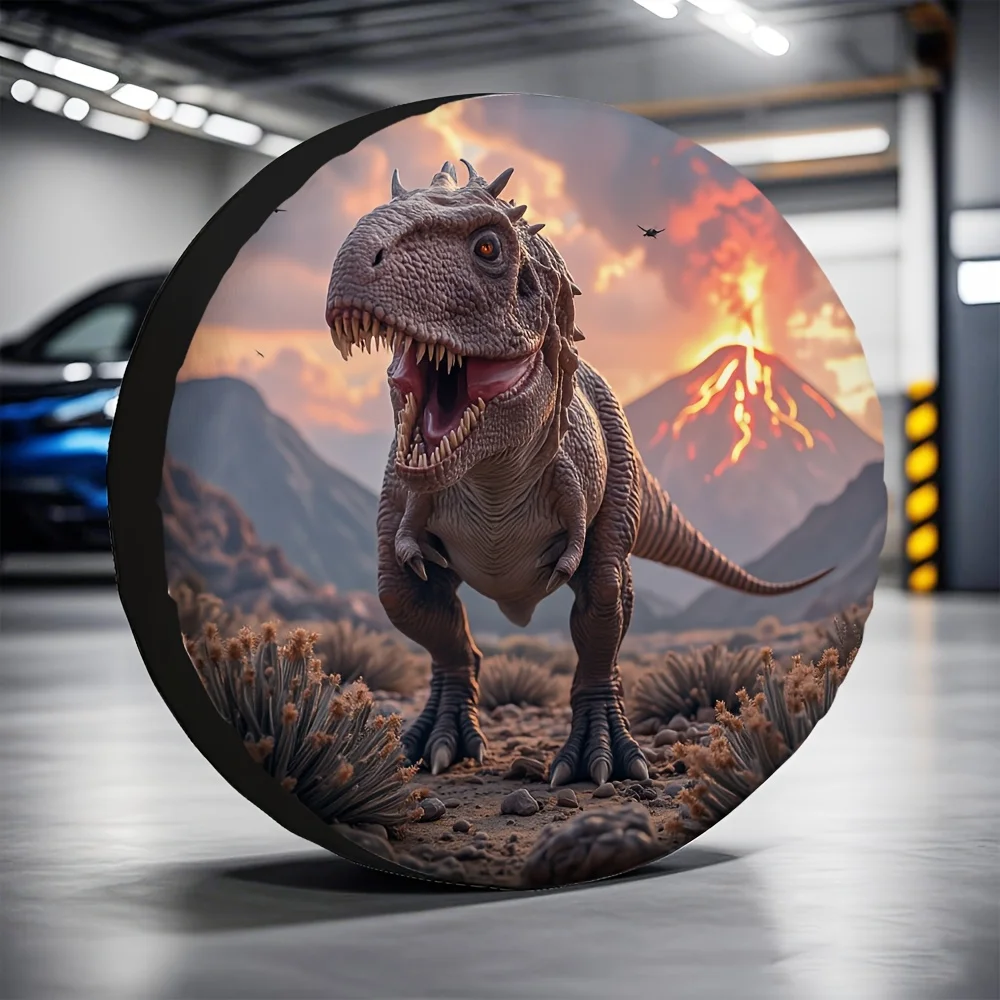 1pc Tyrannosaurus Rex Spare Tire Cover - Durable Polyester RV Essentials, Dramatic Desert & Volcano Scene Design, Perfect For Ca