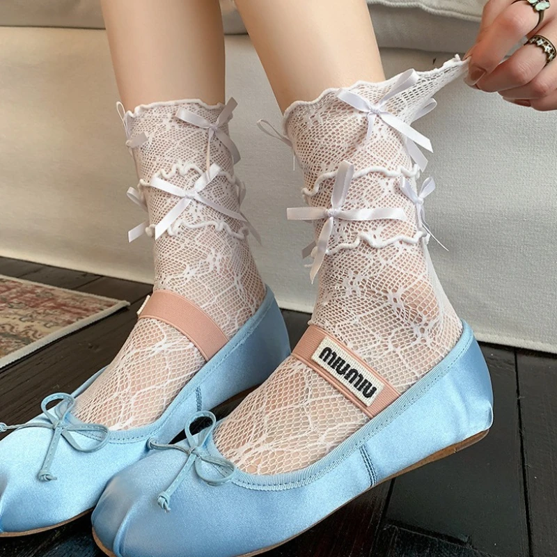Nuovi calzini bianchi con fiocco carino JK Cos Lolita Calzini in pile con bordo arricciato in pizzo Calzini a metà polpaccio a rete stile balletto sottile estivo da donna