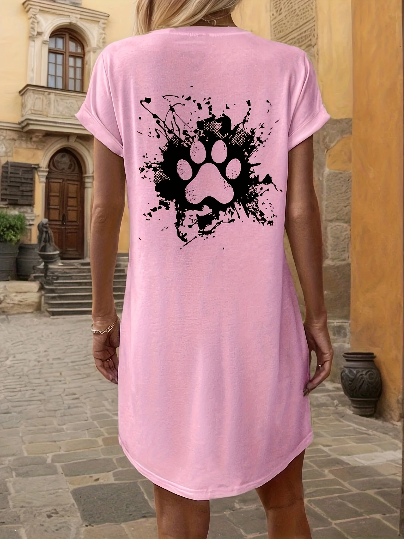 

Plus Size Women'S Casual Dog Paw Printed T-Shirt Dress Short Sleeve Round Neck Summer Fashion Perfect for Casual Loose Attire