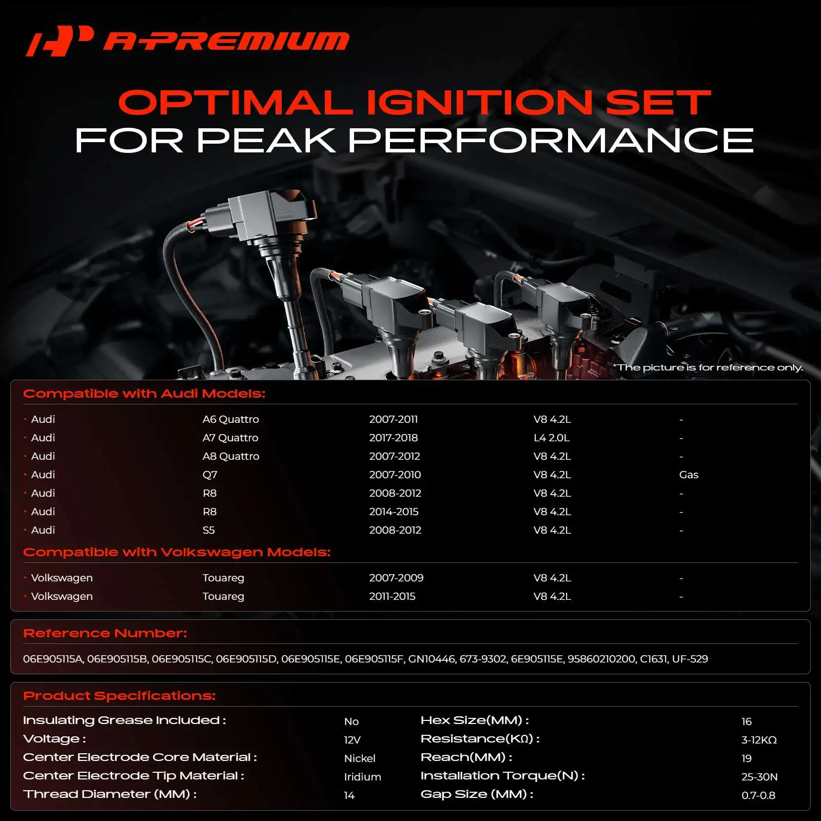 A-Premium 4x Red Ignition Coils & 4x Iridium Spark Plug Kit for Audi A6 Quattro VW Touareg