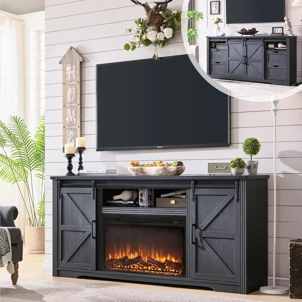 

Fireplace TV Stand Farmhouse with Drawer & Sliding Barn Door 70 Inch Highboy Media Console Electric Fireplace TV Console