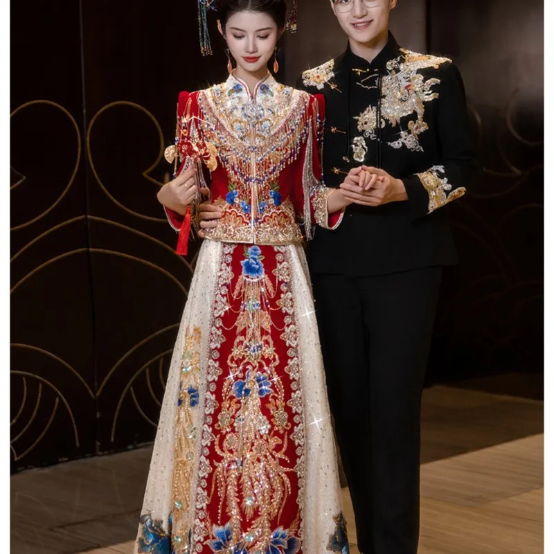 Elegant and fashionable new Chinese-style toasting wedding dress from heavy industry