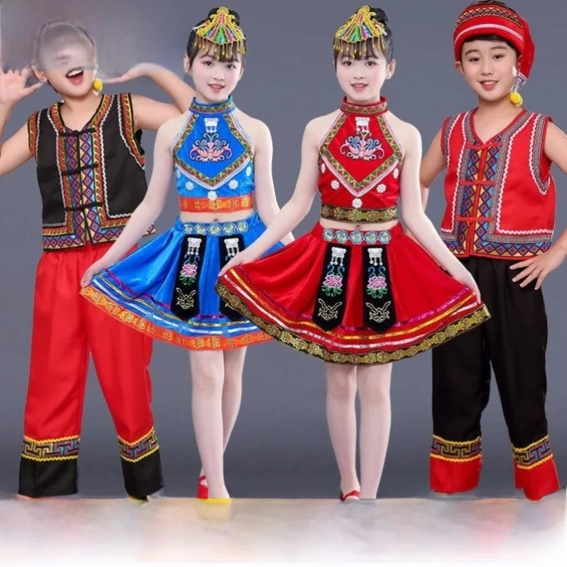 

Детские этнические сценические костюмы: наряды для выступлений народностей Мяо, Ли, Ту и других малых этнических меньшинств для мальчиков и девочек