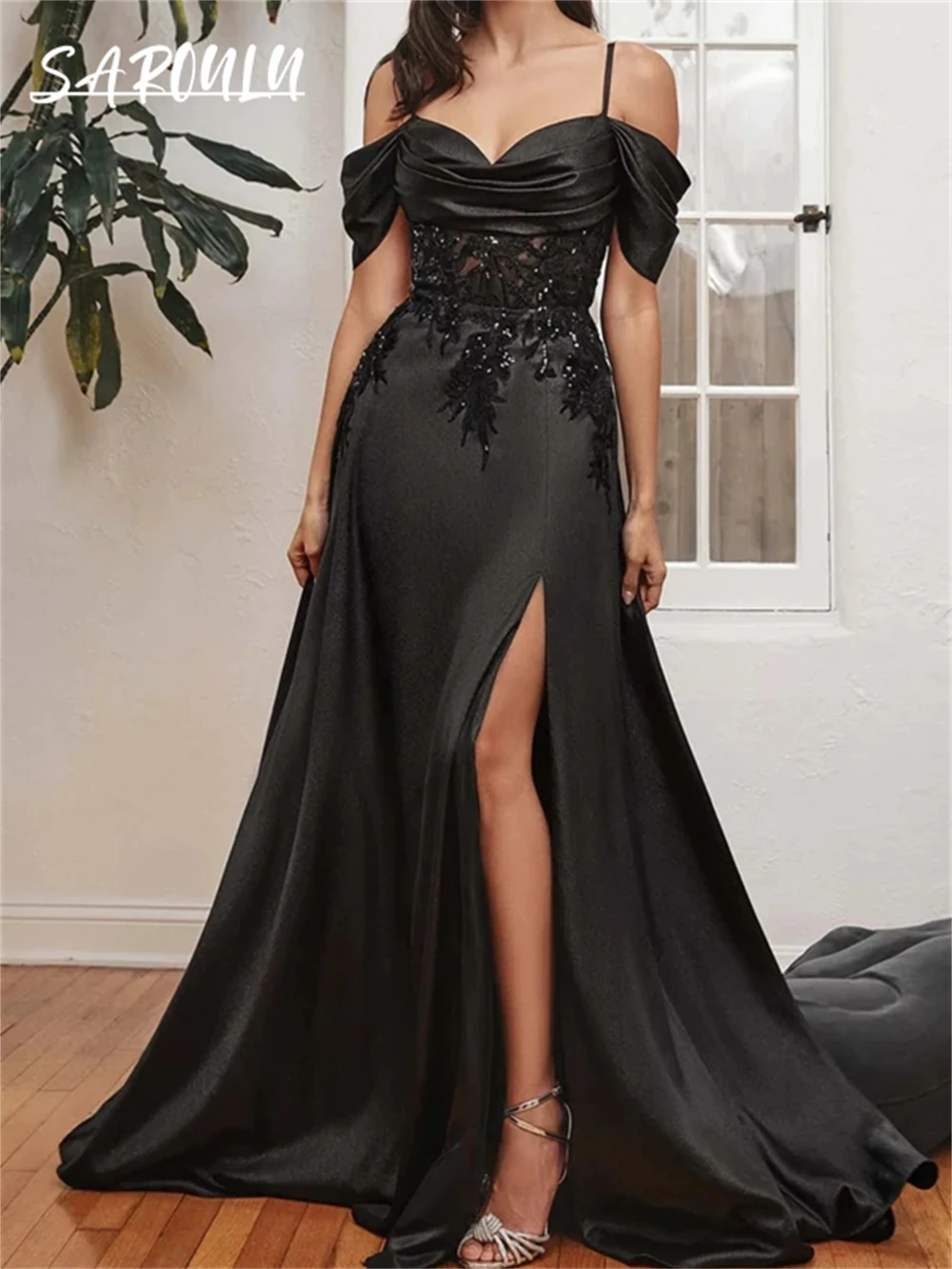 A Line Satin Prom Dress With Spaghetti Straps With Lace Illusion waistline Evening Dresses Occasion Party Gown