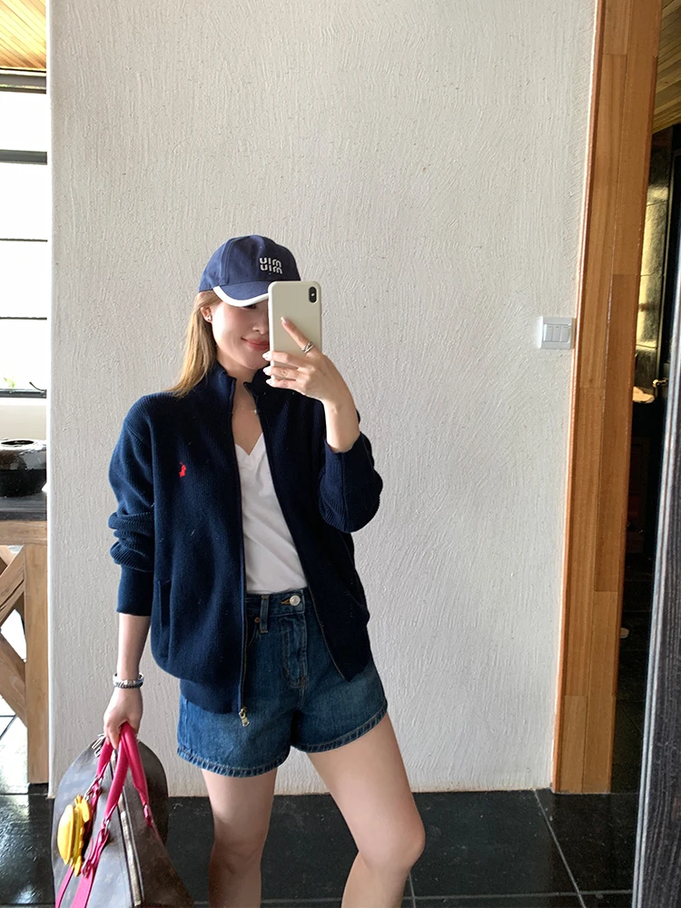 

Embroidered Cotton Knitted Ribbed Stand Collar Zipper Long Sleeve Jacket Women Casual Style Straight Tube Spring Cotton