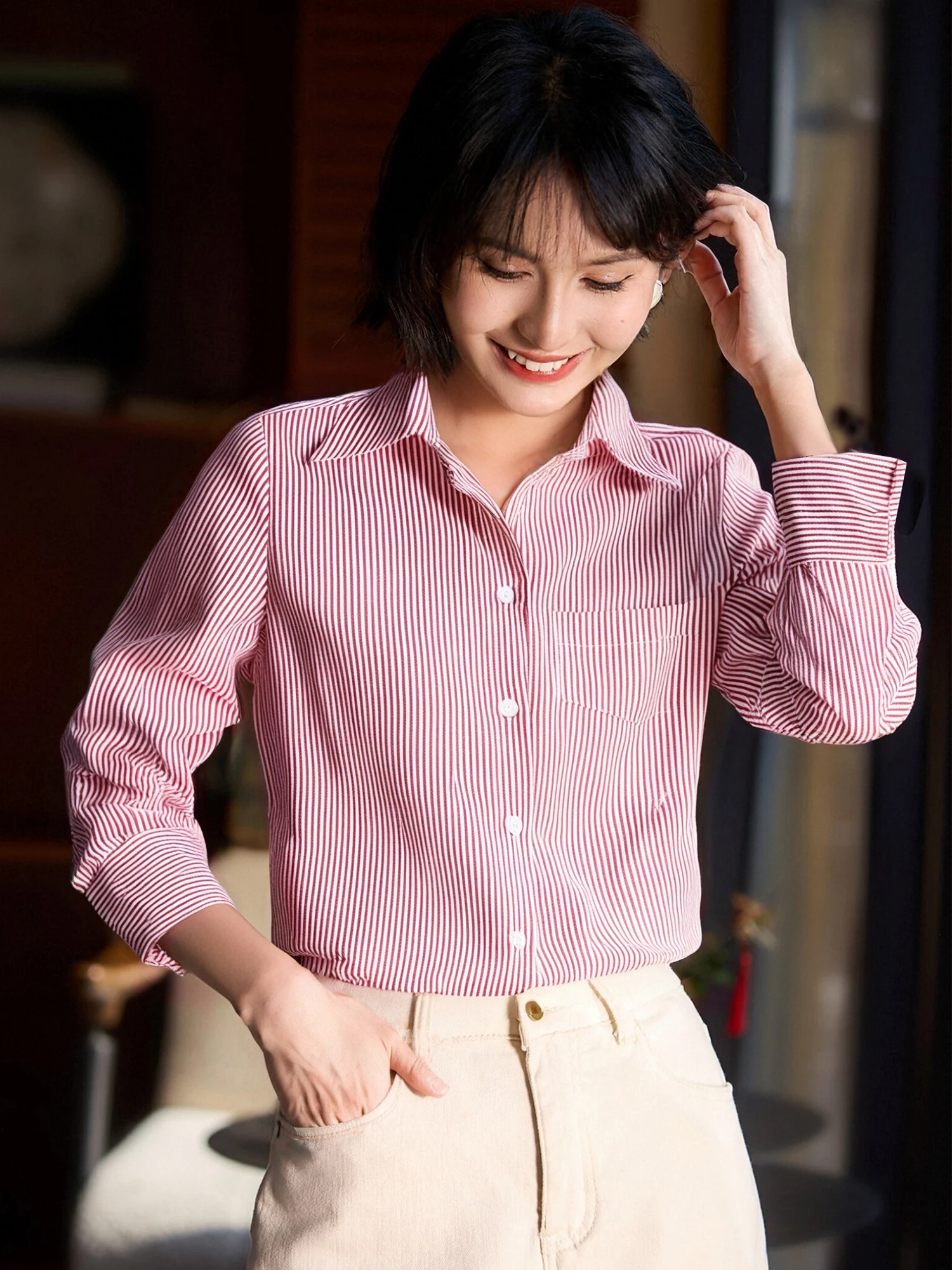 

Льняная рубашка Chivirin с длинным рукавом в полоску, свободного кроя, для повседневной носки, женская, осенняя новинка