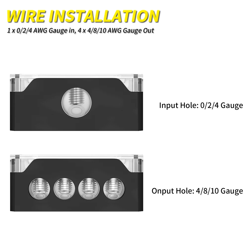 4 Way Audio Power Distribution Block 1x 0/2/4 AWG Gauge in 4X 4/8/10 Gauge Out Ground Distributor Connecting Block for Spliter