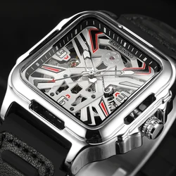 FORSINING Fashion Blue Square Steel Skeleton Mechanical Man Watch Automatic Movement Field Sport Silicone Strap Military Watches