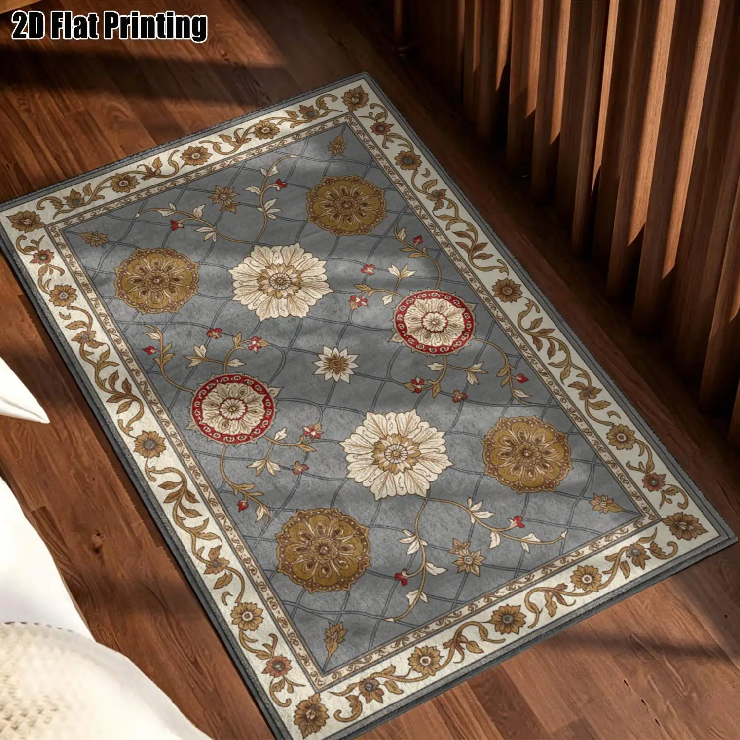 1Pc 2D Printed Carpet: Blue-Grey Floral, European Vintage, Modern Minimalist, Geometric Line, Bohemian Doormat Home Decor, Multi-Size, Machine Washable. For Entrance, Dining Room, Foyer, Bedroom, Living Room.