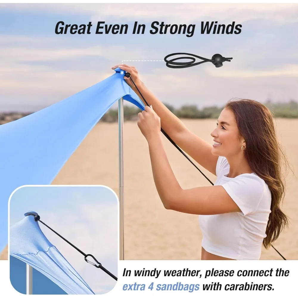 مأوى شاطئ مرساة رملية محمية من الأشعة فوق البنفسجية مع 8 أوزان، مظلة عائلية كبيرة، UPF50+، مظلة شمسية بطول 6.5 أقدام #2