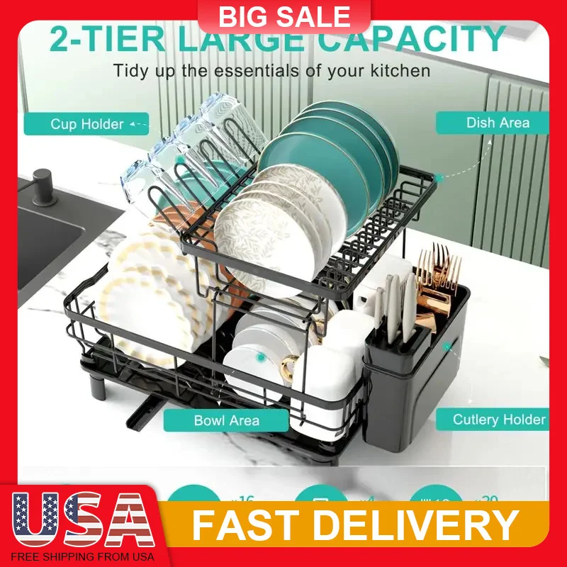 

2 Tier Stainless Steel Dish Drying Rack with Rotating Drainboard Cutlery Holder Detachable Design Kitchen Organizer