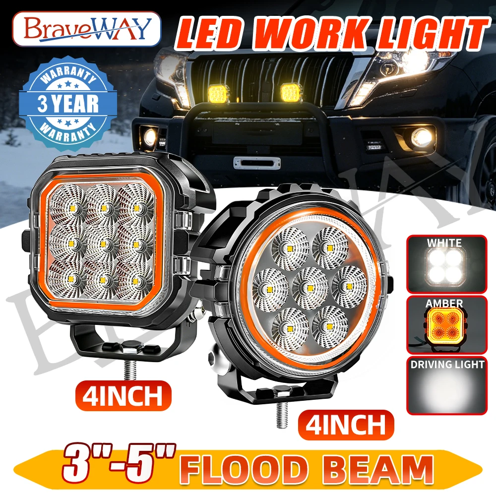 

HAOLIDE 2PCS 4 Inch Round & Square LED Floodlight Dual Color White Amber with Amber Halo Ring IP68 off-road use for Truck Car
