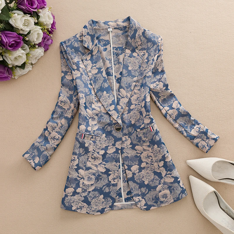 

Spring Summer Slim Fit Printed Casual Ele Seven Sve Women's Jaet Thin Sle Small Western Suit Polyester Commute S...