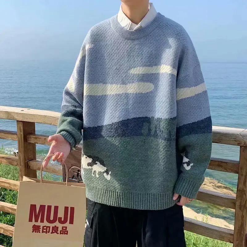 

Couples Knitted Sweater round Ne Color Blo Men's Base Layer Street Sle Japanese Hong Kong Faion Versatile Long Sve