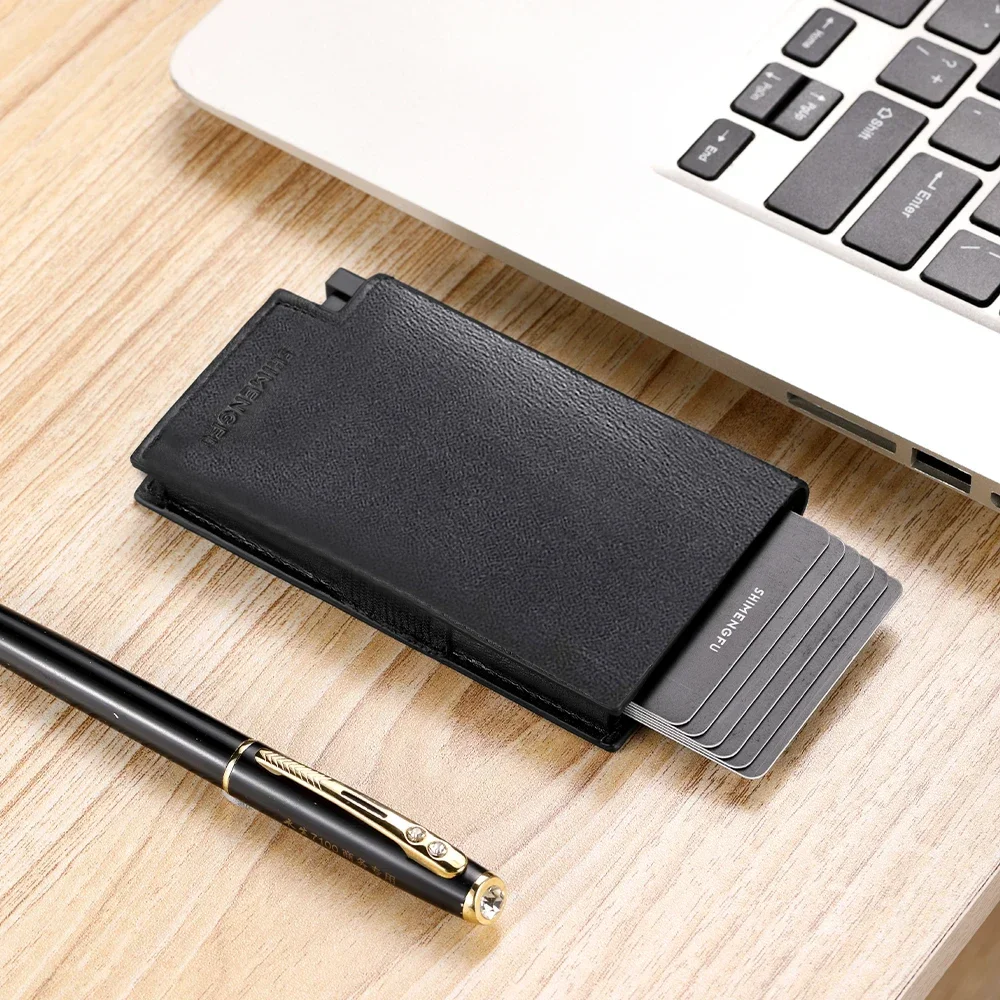 แฟชั่นหนังโลหะ ID บัตรเครดิต RFID กระเป๋าสตางค์ผู้ชายกระเป๋าสตางค์ Hasp คาร์บอนไฟเบอร์ธุรกิจอลูมิเนียมกระเป๋า Pop Up Smart Design