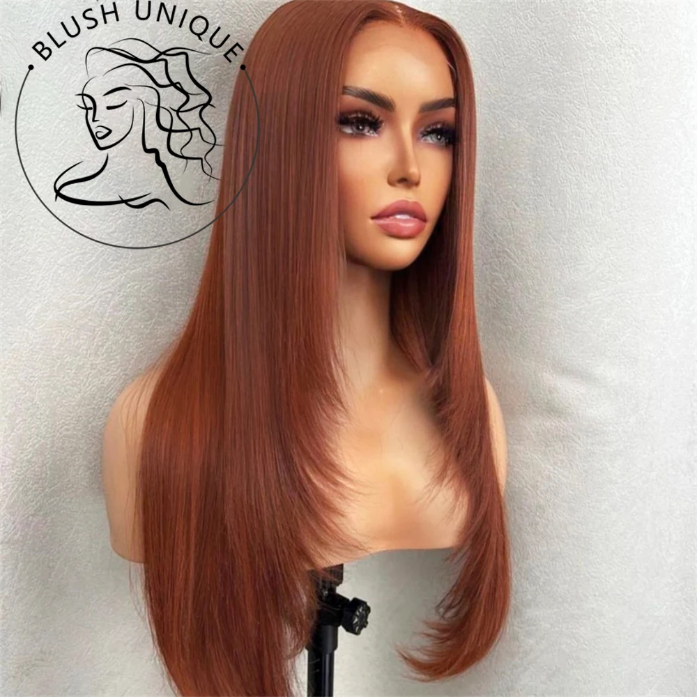 13X6 Reddish Brown Layered Wigs Copper Red Synthetic Straight Lace Front Wigs For Black Women Layered Cut Lace Wig Glueless Wig