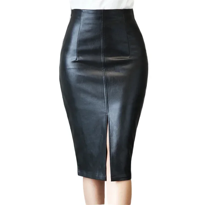 

Autumn Winter Women Sexy Midi Leather Skirts Solid Black High Waist Office Pencil Slit Skirt for Women