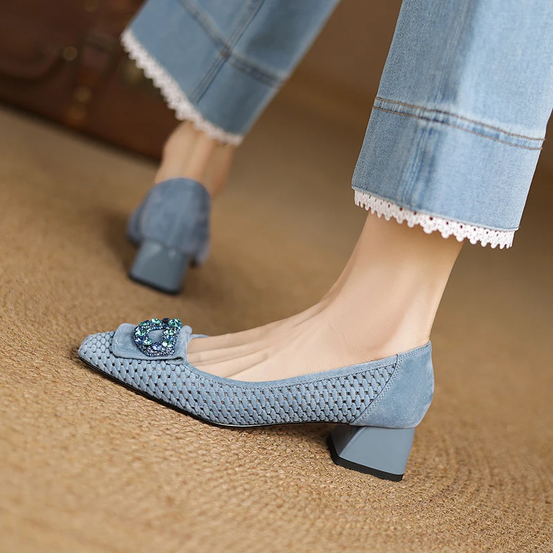 women's hollow-out natural suede leather crystal buckle slip-on pumps 4cm thick med heel elegant ladies heeled dress shoes - Image 3