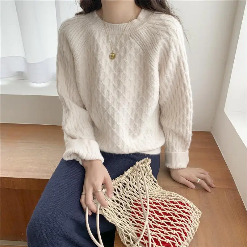 Women's Clothing Round Neck Knitted Jumpers Casual Loose Autumn Winter Colour Solid Color Korean All-match Long Sleeve Sweaters