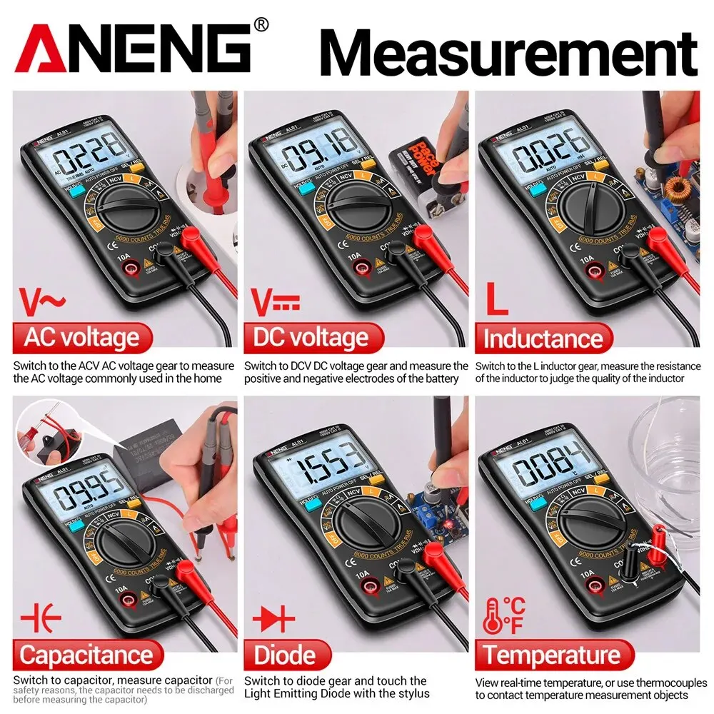 ANENG AL01 인덕턴스 디지털 멀티미터, 6000 카운트 True-RMS AC/DC 전압 계량기 전류 테스터, 전문 전기 도구