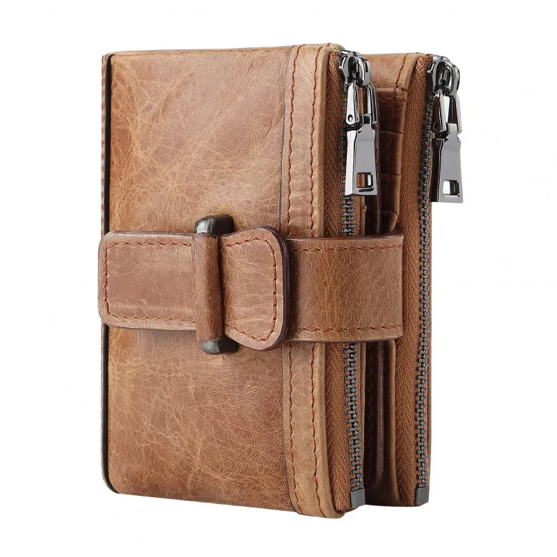 New Brand Men\'s Zipper Buckle Cow Leather Bussines Vintage Wallet Male Purse