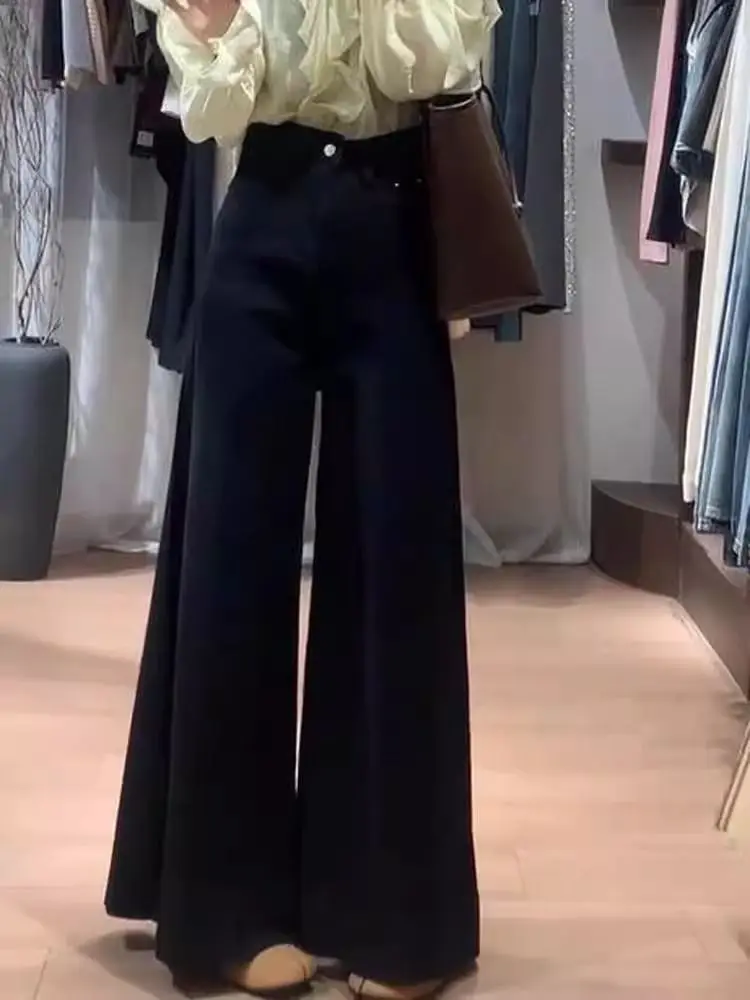 Wide Leg Pants Young Girl Elegant Womens Spring Elastic Layered Minimalist Urban Leisure Waistband Pleats Modal Sashes Trousers