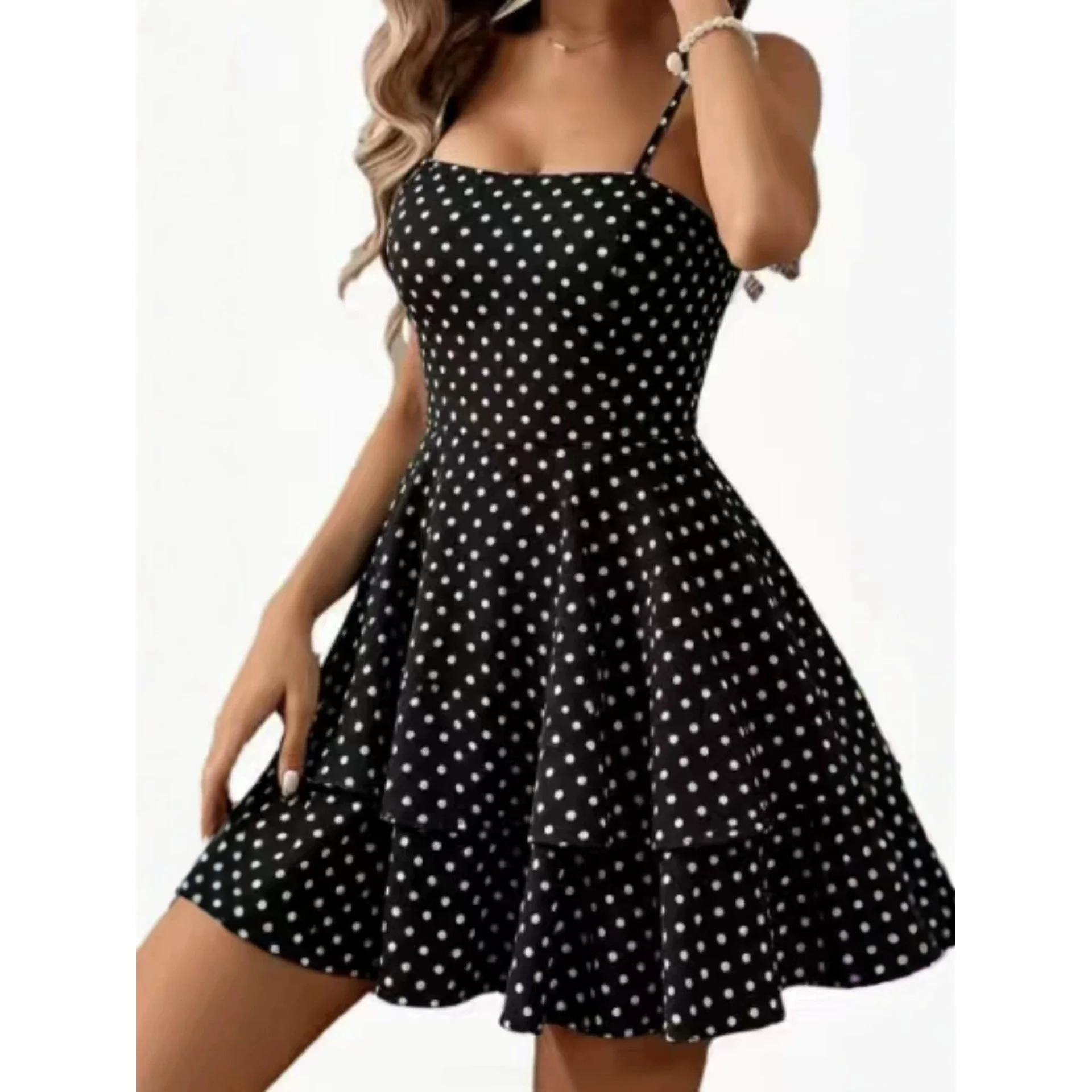 Cute Style Backless  Knot Strap Dress Short Cake Skirt Women's Clothing Adjustable Waist Handmade Splicing Polyester