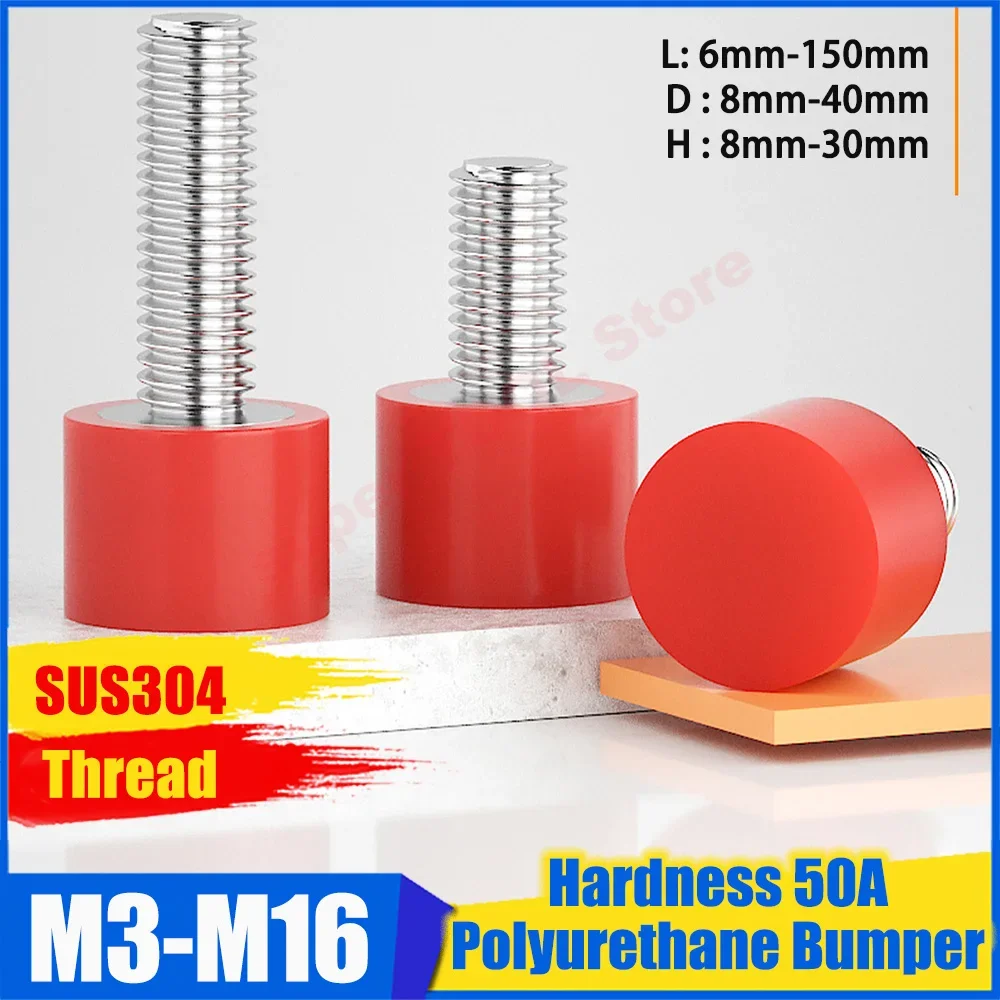1-2Pcs Red 50A Polyurethane Shock Absorbing Screw M3 M4 M5 M6 M8 304 Stainless Steel Urethane Stop Bolt Anti-Collision